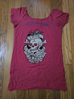 Ed Hardy Y2K Vintage Red Tattoo Skull Rhinestone Tee "LOVE KILLS SLOWLY"